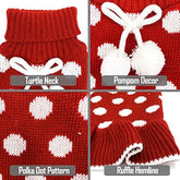 KUTKUT Small Dog Sweater Dress Turtleneck Polka Dot Dog Sweaters with Leash Hole Knitwear Warm Pet Sweater with Pom Pom Ball (Red) - kutkutstyle